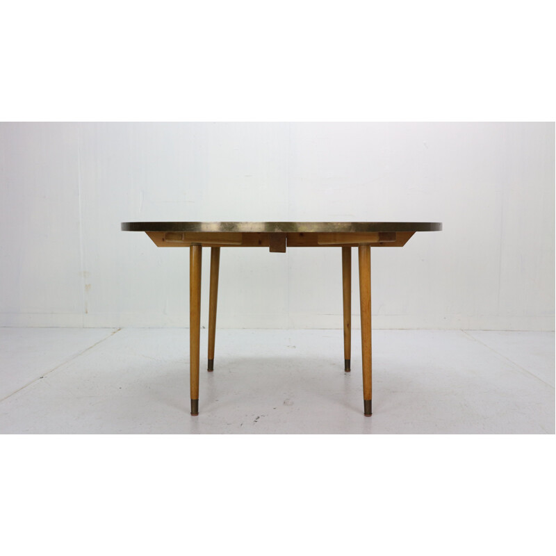 Vintage round mosaic coffee table in teak and brass by Berthold Muller, Germany 1960