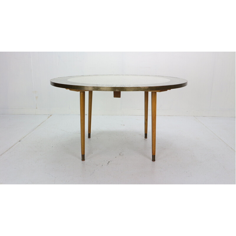 Vintage round mosaic coffee table in teak and brass by Berthold Muller, Germany 1960