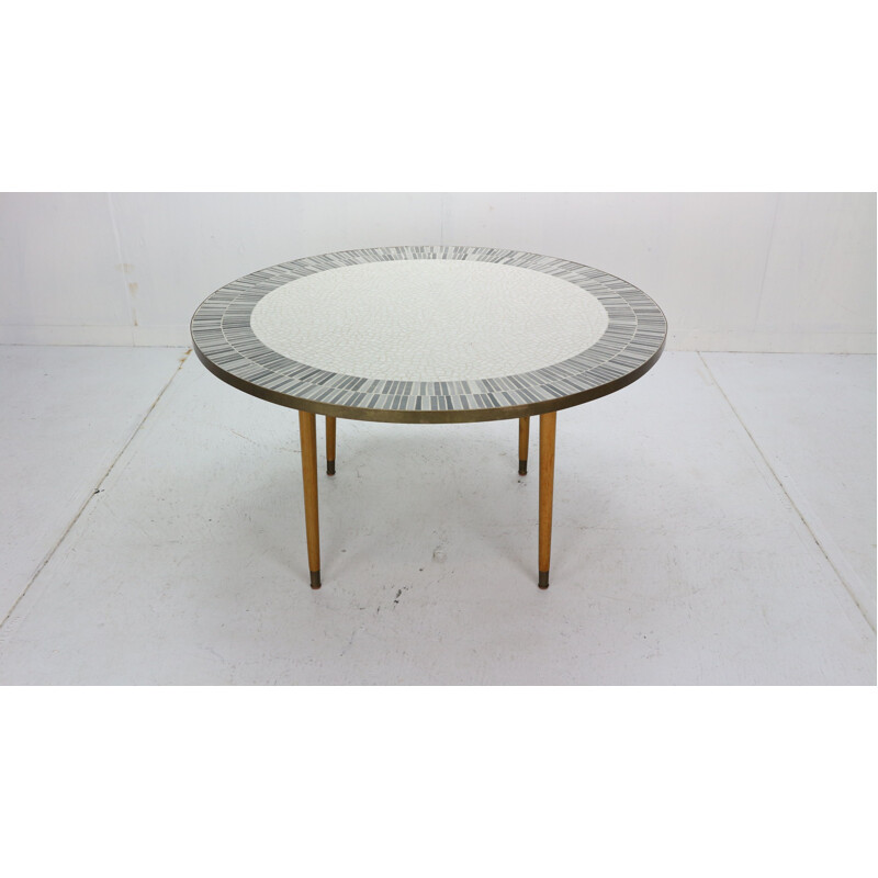 Vintage round mosaic coffee table in teak and brass by Berthold Muller, Germany 1960