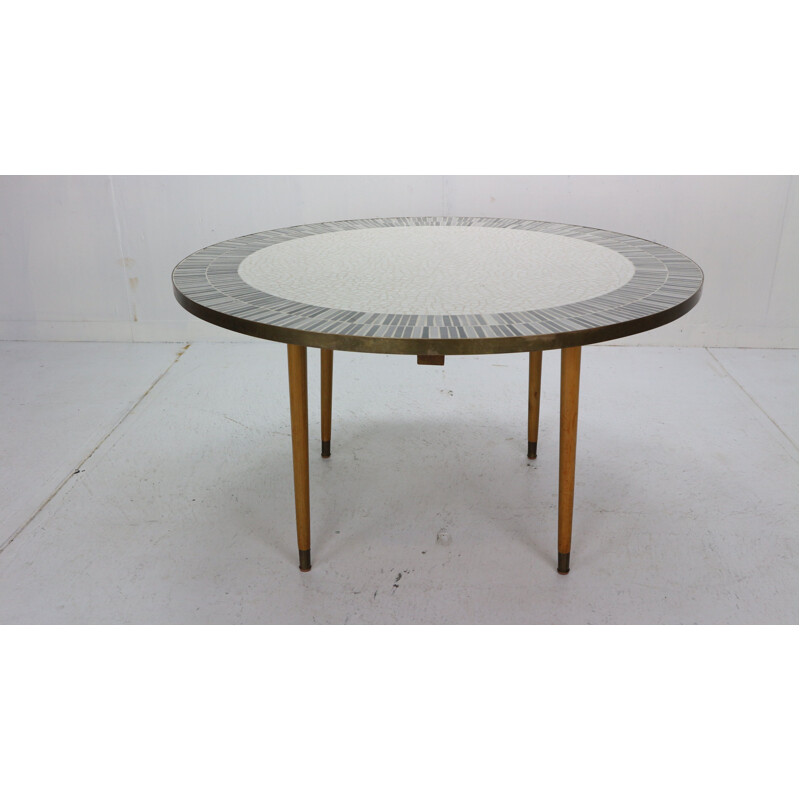 Vintage round mosaic coffee table in teak and brass by Berthold Muller, Germany 1960