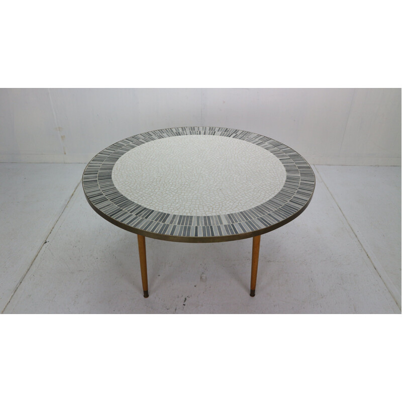 Vintage round mosaic coffee table in teak and brass by Berthold Muller, Germany 1960