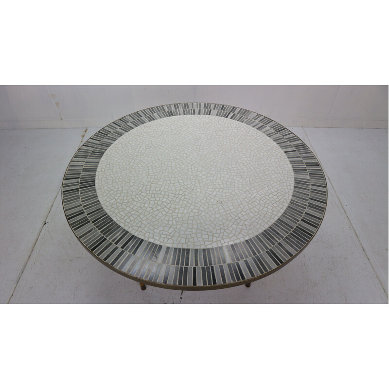 Vintage round mosaic coffee table in teak and brass by Berthold Muller, Germany 1960