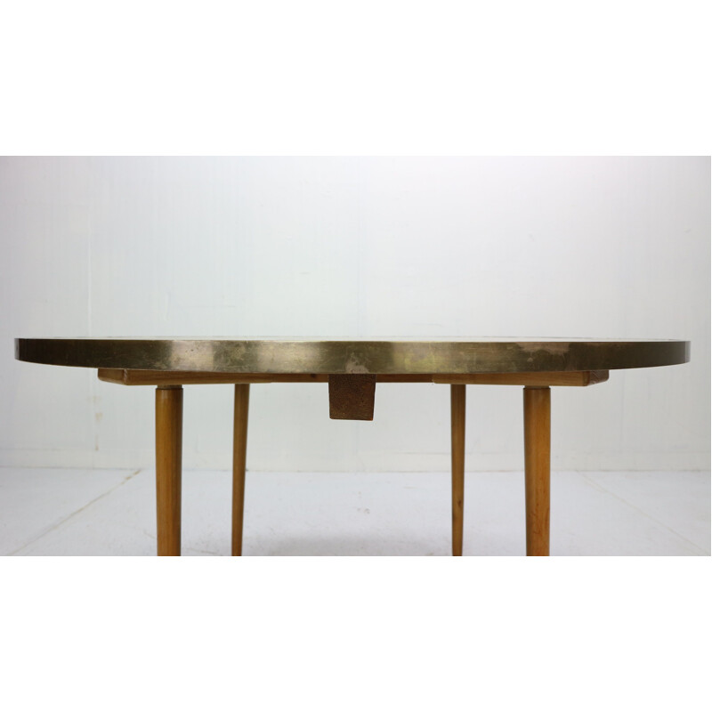 Vintage round mosaic coffee table in teak and brass by Berthold Muller, Germany 1960