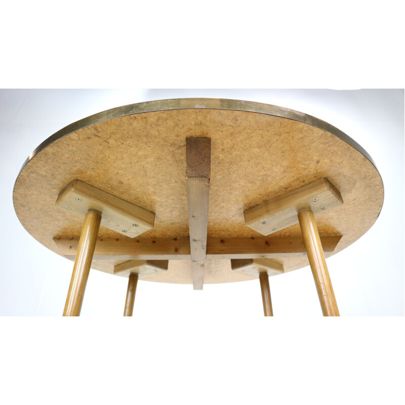 Vintage round mosaic coffee table in teak and brass by Berthold Muller, Germany 1960