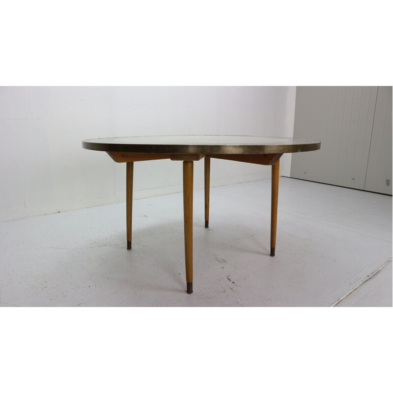 Vintage round mosaic coffee table in teak and brass by Berthold Muller, Germany 1960