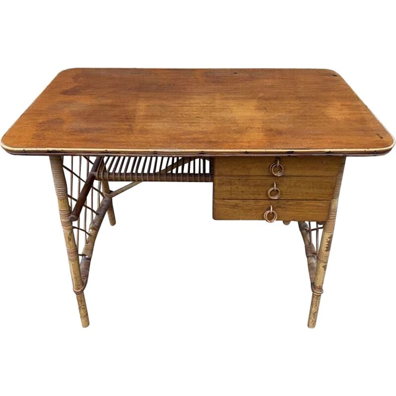 Bureau vintage avec 3 tiroirs en rotin de Louis Sognot 1960