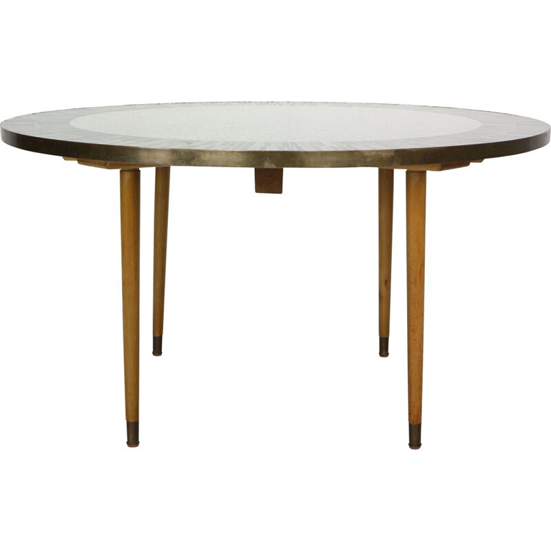 Vintage ronde teak en messing mozaïek salontafel van Berthold Muller, Duitsland 1960