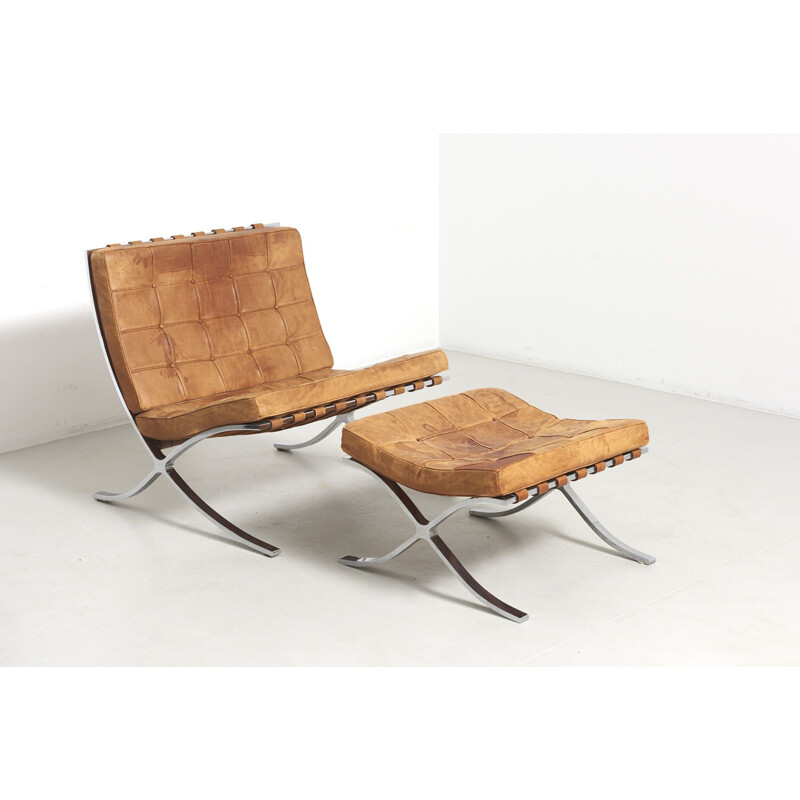 Vintage armchair and stool set "Barcelona" by Mies Van der Rohe's, Knoll International, 1960