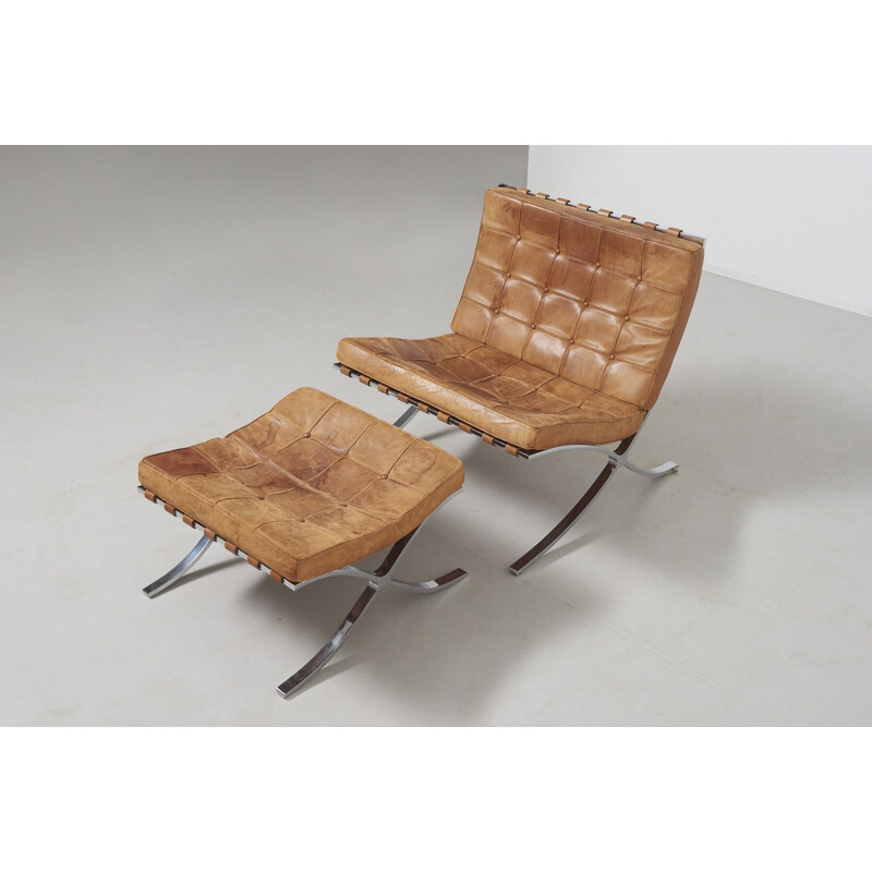 Vintage armchair and stool set "Barcelona" by Mies Van der Rohe's, Knoll International, 1960