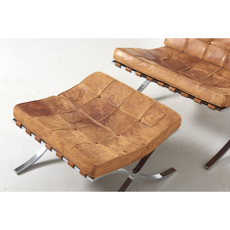 Vintage armchair and stool set "Barcelona" by Mies Van der Rohe's, Knoll International, 1960