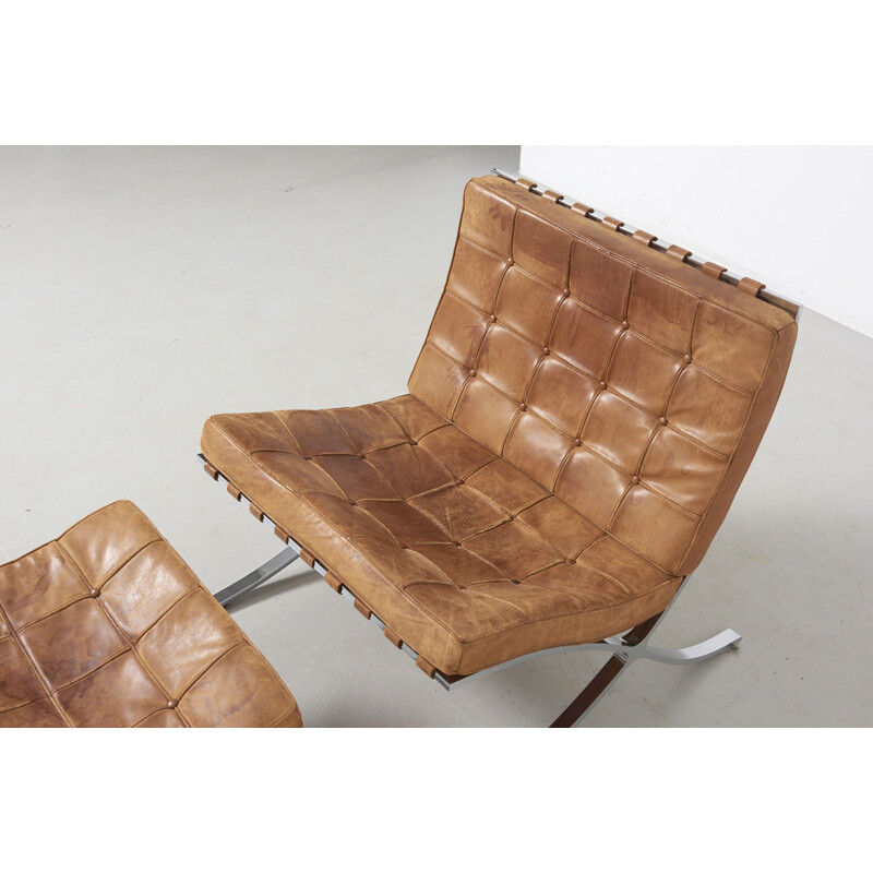 Vintage armchair and stool set "Barcelona" by Mies Van der Rohe's, Knoll International, 1960