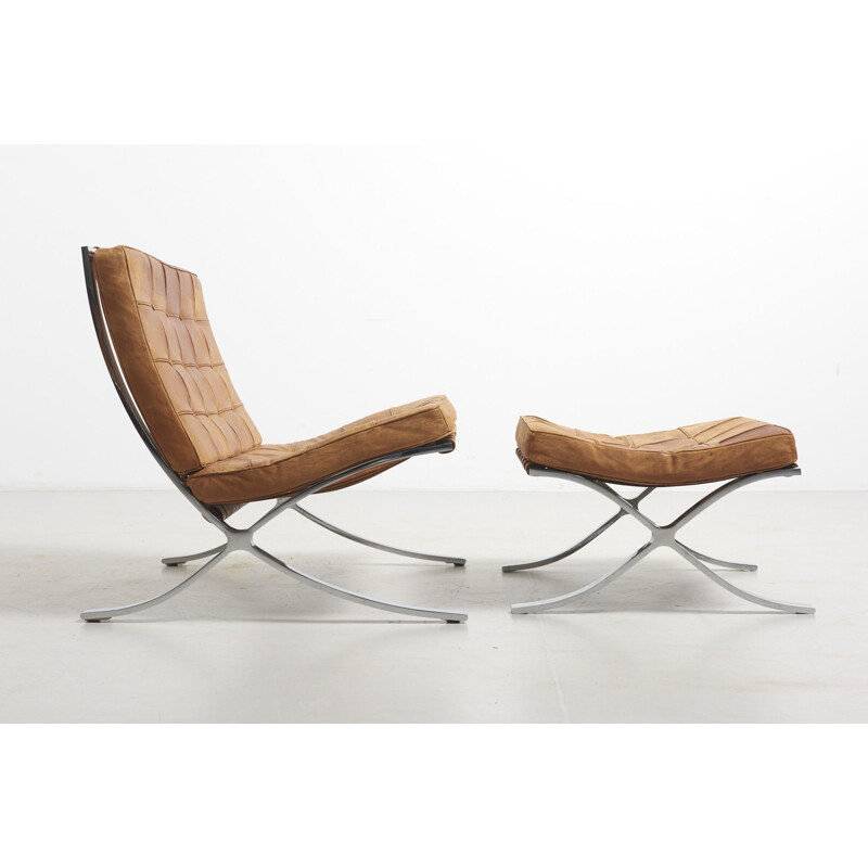 Vintage armchair and stool set "Barcelona" by Mies Van der Rohe's, Knoll International, 1960