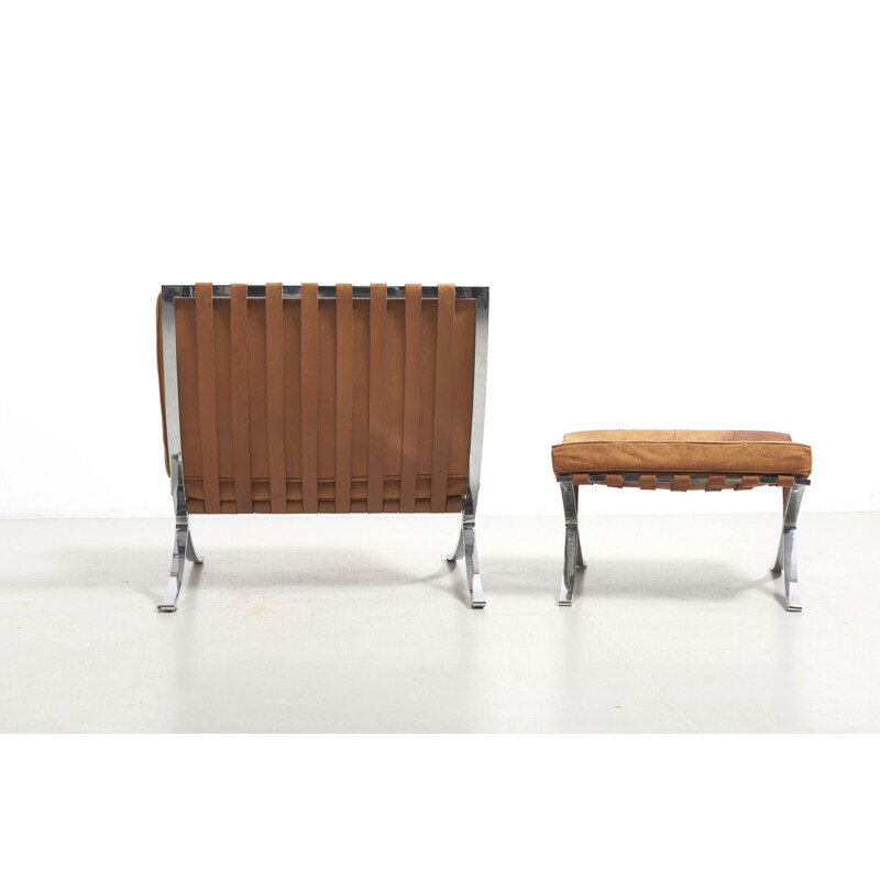 Vintage armchair and stool set "Barcelona" by Mies Van der Rohe's, Knoll International, 1960