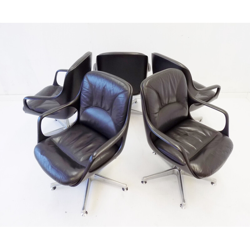 Set of 5 vintage black leather armchairs Chromcraft 1960