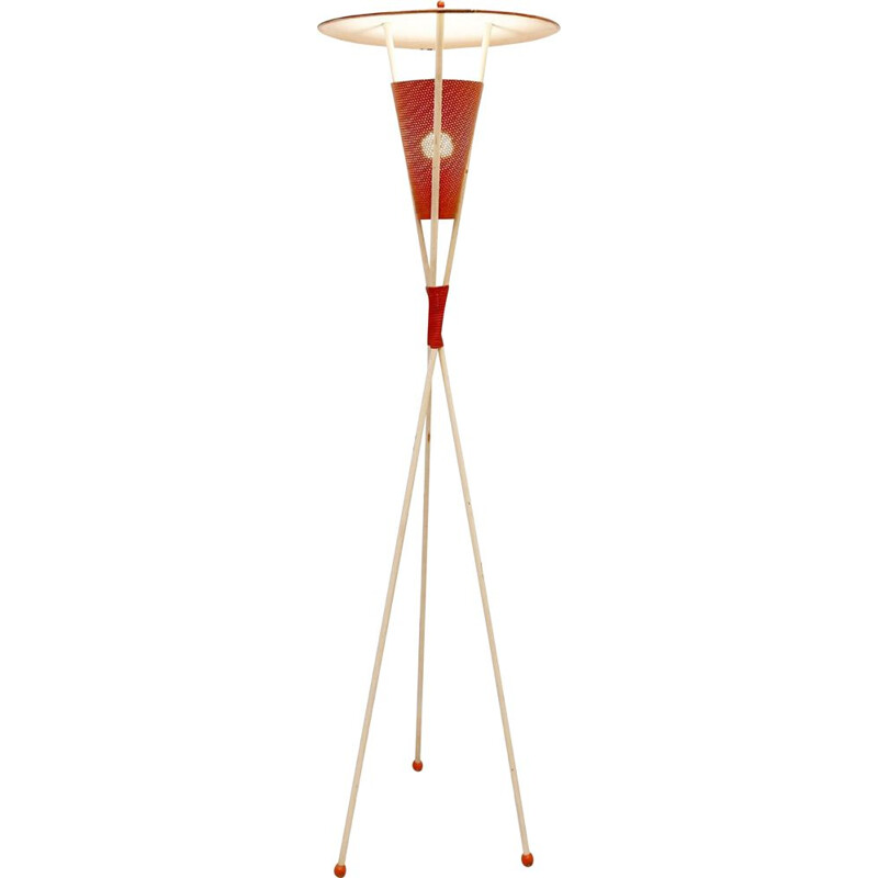 Lampadaire tripode vintage en métal perforé, 1950