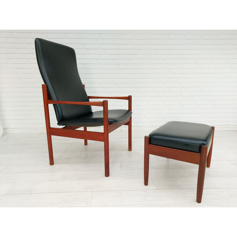 Vintage armchair with teak stool, Denmark 1960