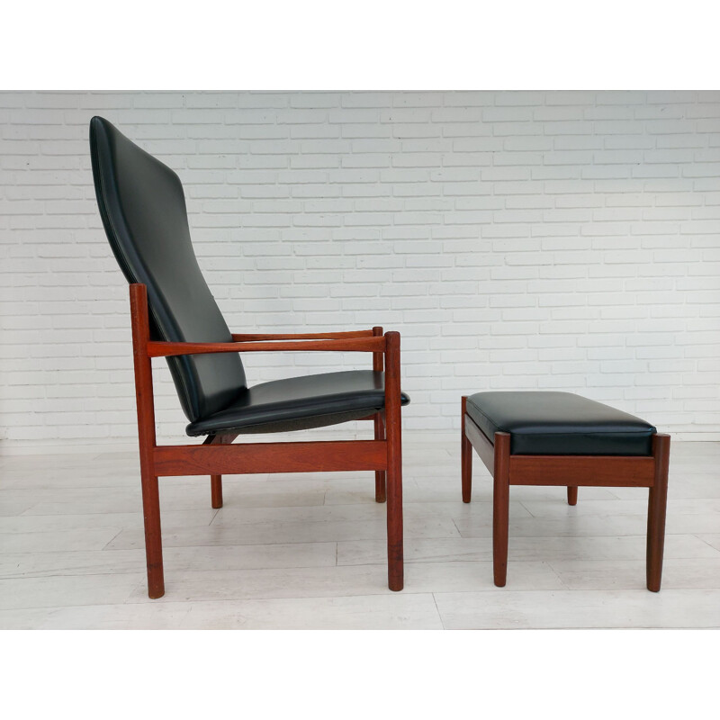 Vintage fauteuil met teakhouten kruk, Denemarken 1960