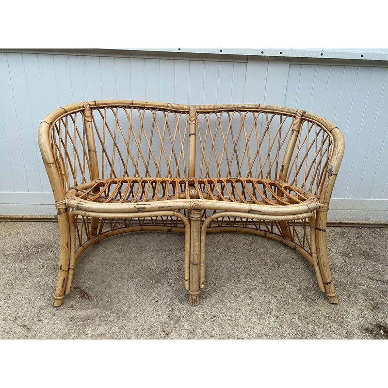 Vintage 2-seater rattan bench 1960