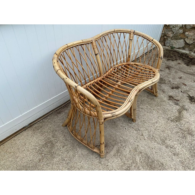 Vintage 2-seater rattan bench 1960