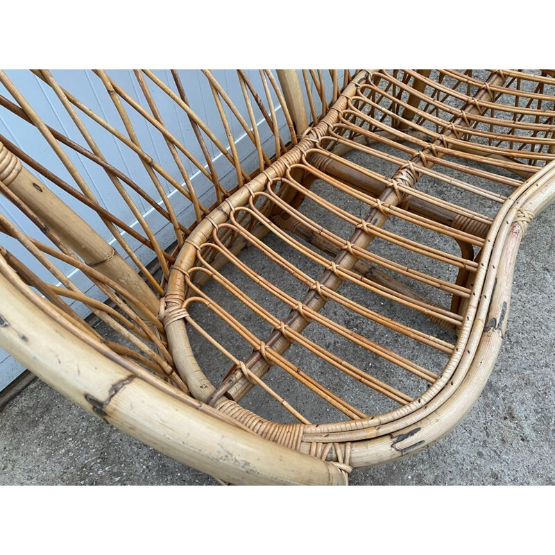 Vintage 2-seater rattan bench 1960