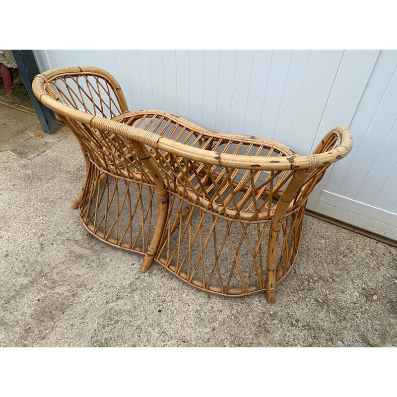 Vintage 2-seater rattan bench 1960