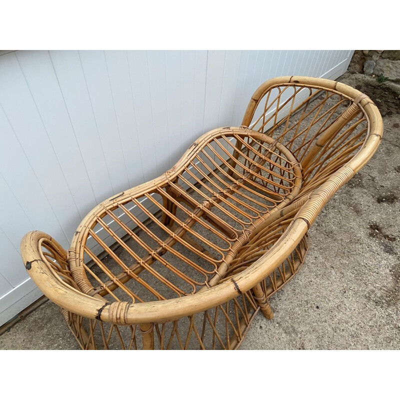 Vintage 2-seater rattan bench 1960