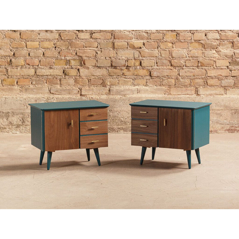 Pair of vintage bedside table on duck blue compass feet, 3 drawers and doors in walnut, brass plated steel handles