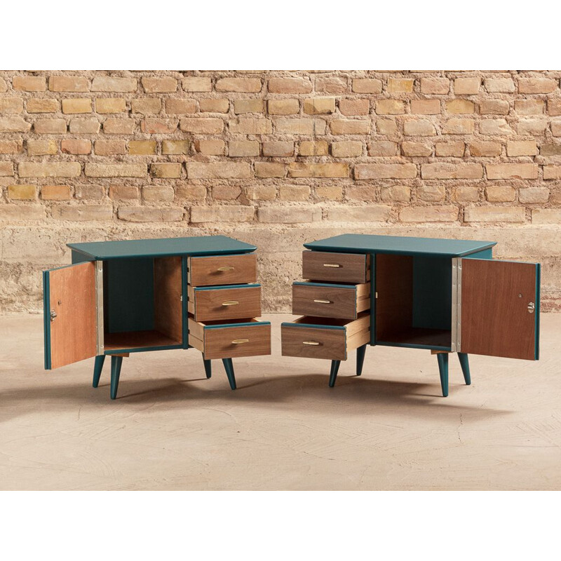 Pair of vintage bedside table on duck blue compass feet, 3 drawers and doors in walnut, brass plated steel handles