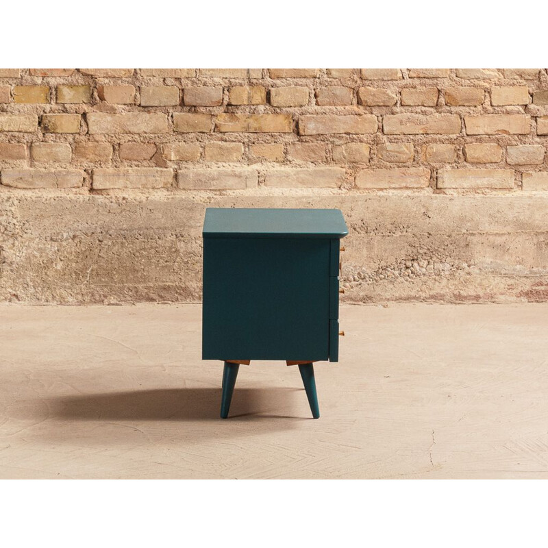 Pair of vintage bedside table on duck blue compass feet, 3 drawers and doors in walnut, brass plated steel handles