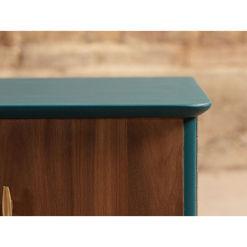 Pair of vintage bedside table on duck blue compass feet, 3 drawers and doors in walnut, brass plated steel handles