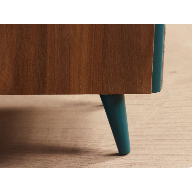 Pair of vintage bedside table on duck blue compass feet, 3 drawers and doors in walnut, brass plated steel handles