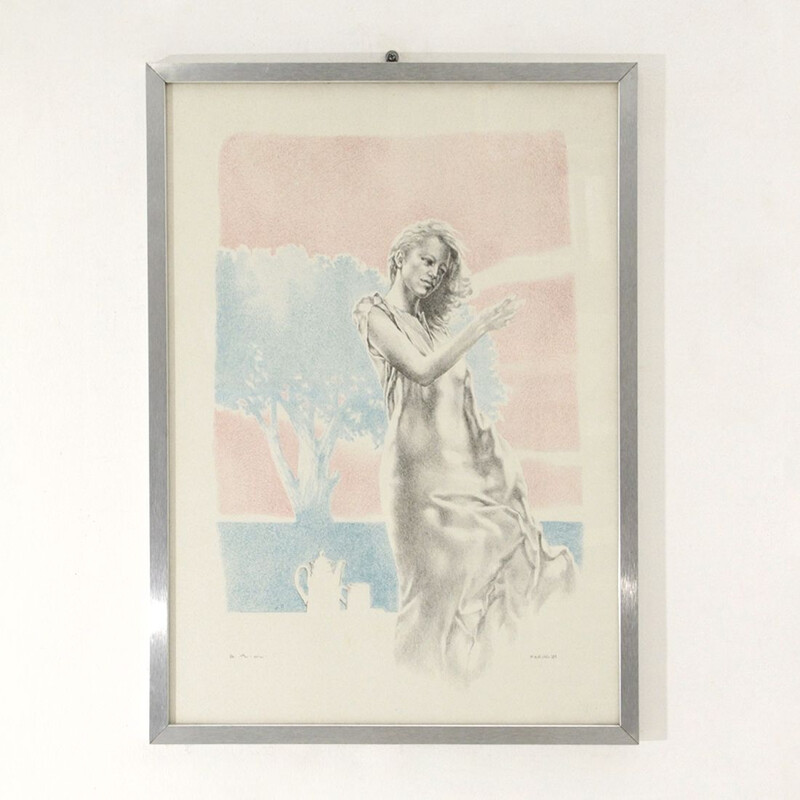 Vintage mixed media painting on paper Metal frame by Giampaolo Parini, 1980