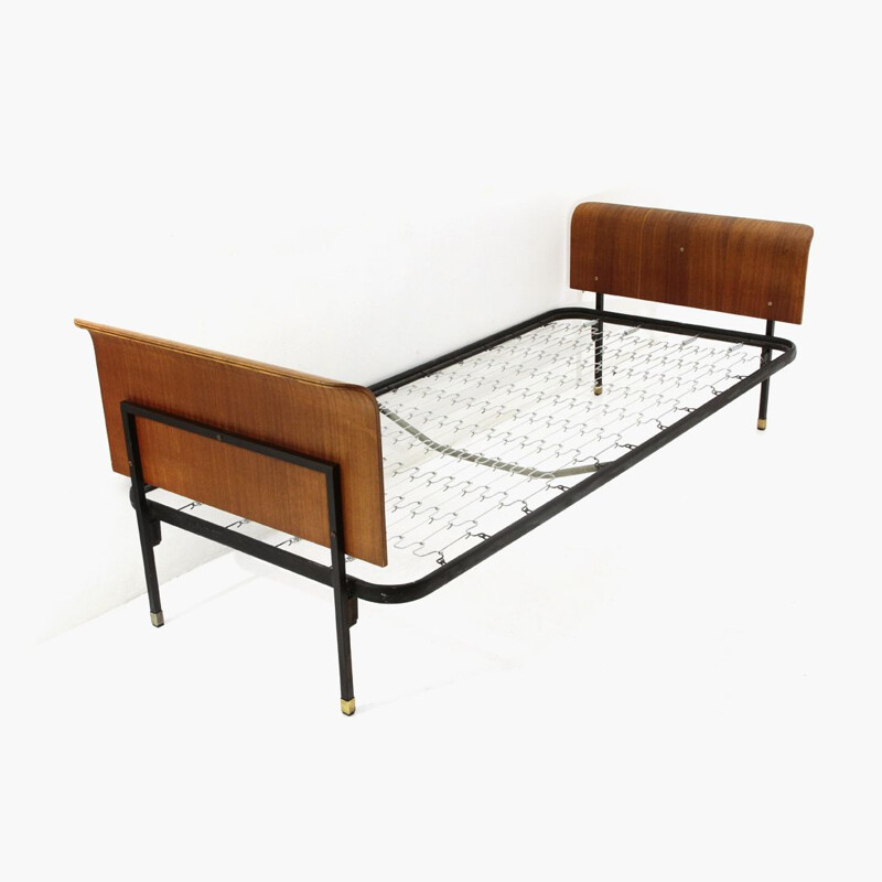 Vintage single bed with curved plywood head and footboard 1950