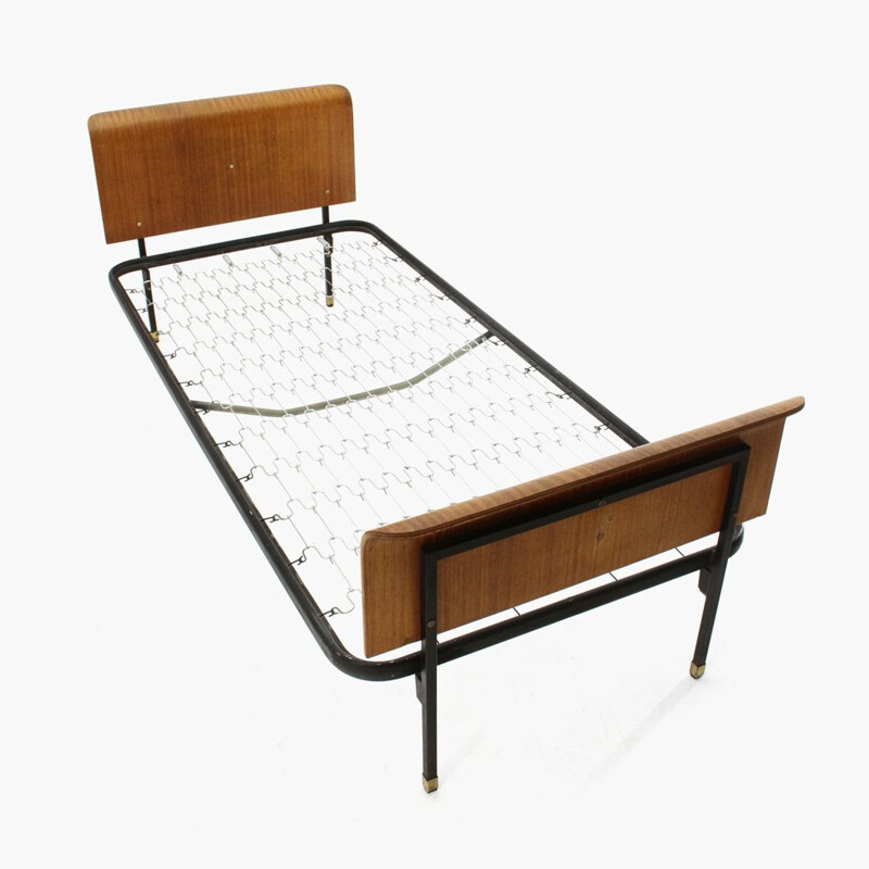 Lit simple vintage avec tête et pied de lit en contreplaqué cintré 1950