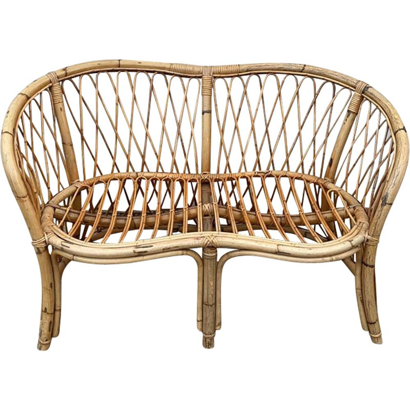 Vintage 2-seater rattan bench 1960