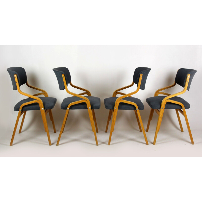 Set of 4 vintage curved plywood chairs from Holesov, Czech Republic 1970