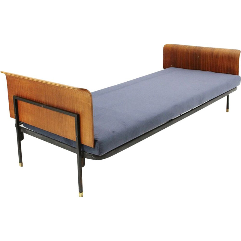 Cama individual vintage con cabecero y piecero de madera contrachapada curvada 1950