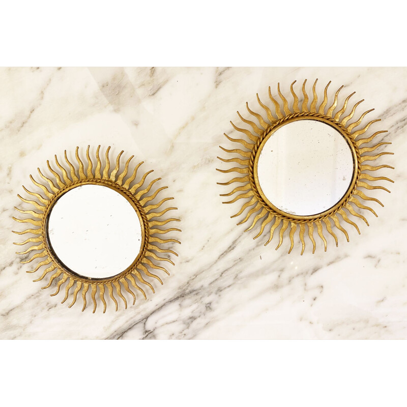 Pair of vintage Soleil gilt metal mirrors, 1960