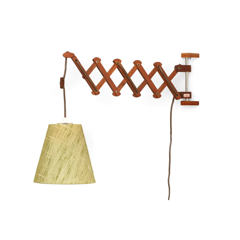 Vintage Teak wood wall lampscissor lamp with original shade by Esshå Produkter. Sweden 1960s