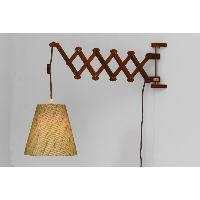 Vintage Teak wood wall lampscissor lamp with original shade by Esshå Produkter. Sweden 1960s