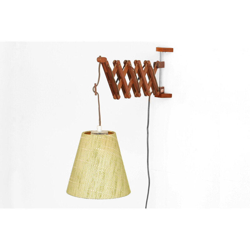 Vintage Teak wood wall lampscissor lamp with original shade by Esshå Produkter. Sweden 1960s