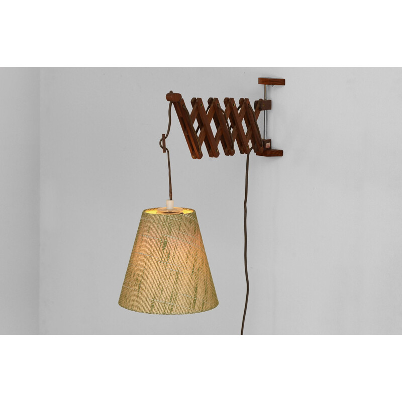 Vintage Teak wood wall lampscissor lamp with original shade by Esshå Produkter. Sweden 1960s