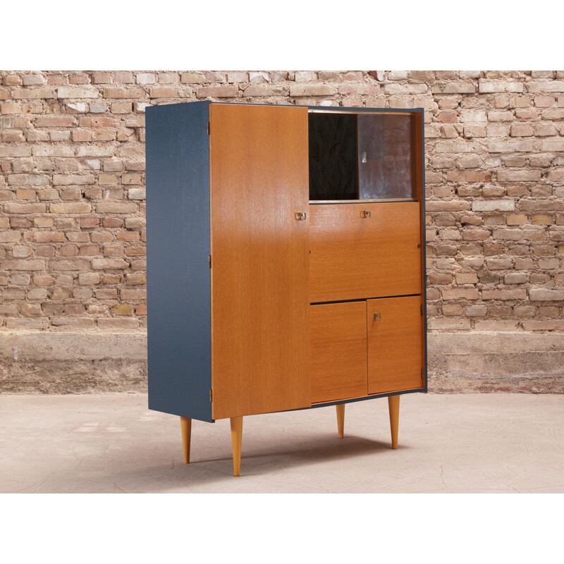 Vintage stained oak sideboard relooked in midnight blue, circa 1960s