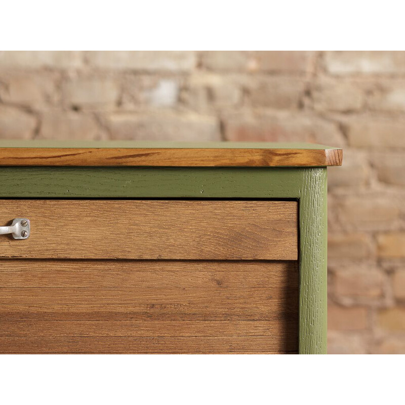 Vintage curtain cabinet olive green and green-grey, circa 1950