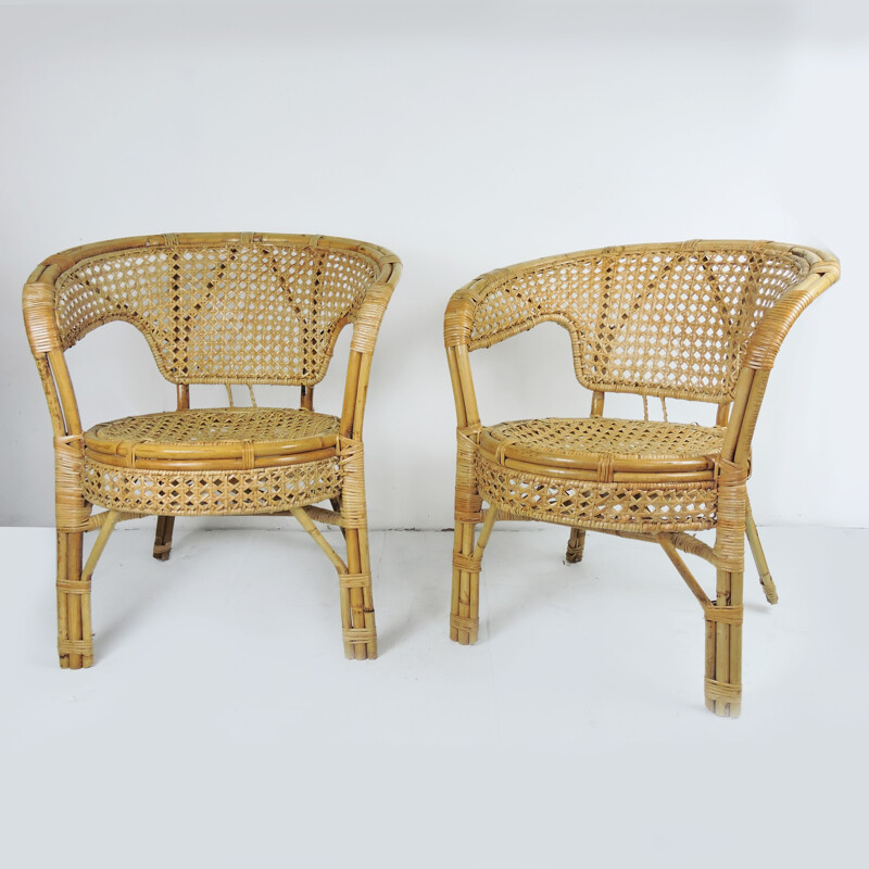 Lot de 2 fauteuils vintage Cane et Rotin France 1960