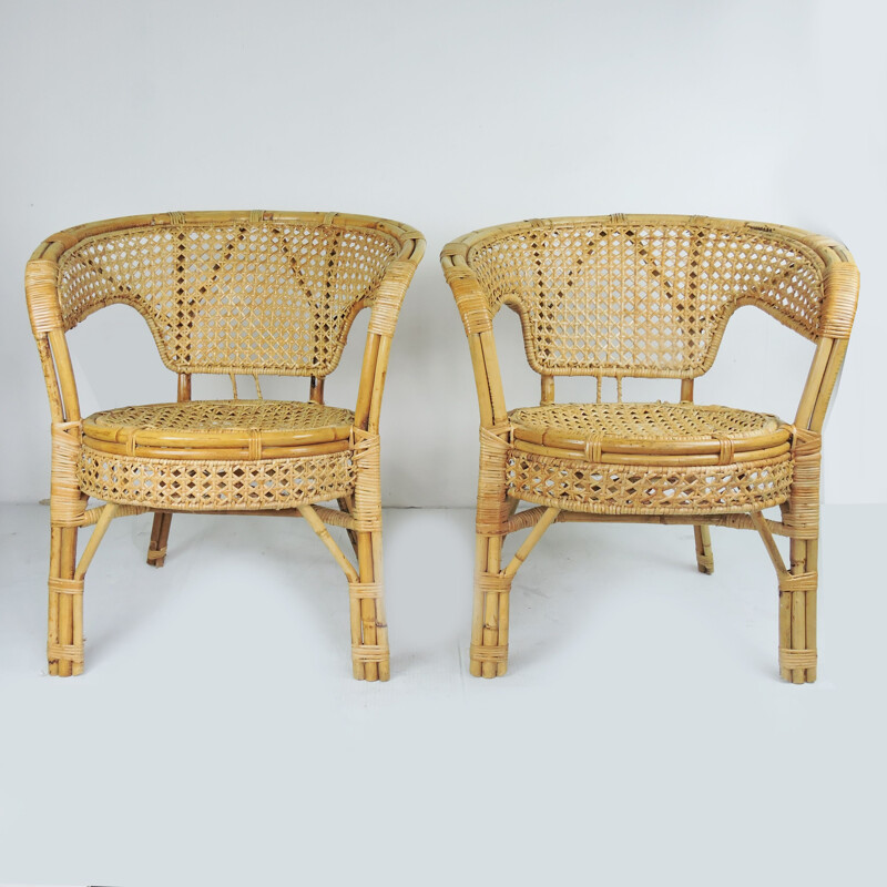 Set of 2 vintage armchairs Cane and Rattan France 1960