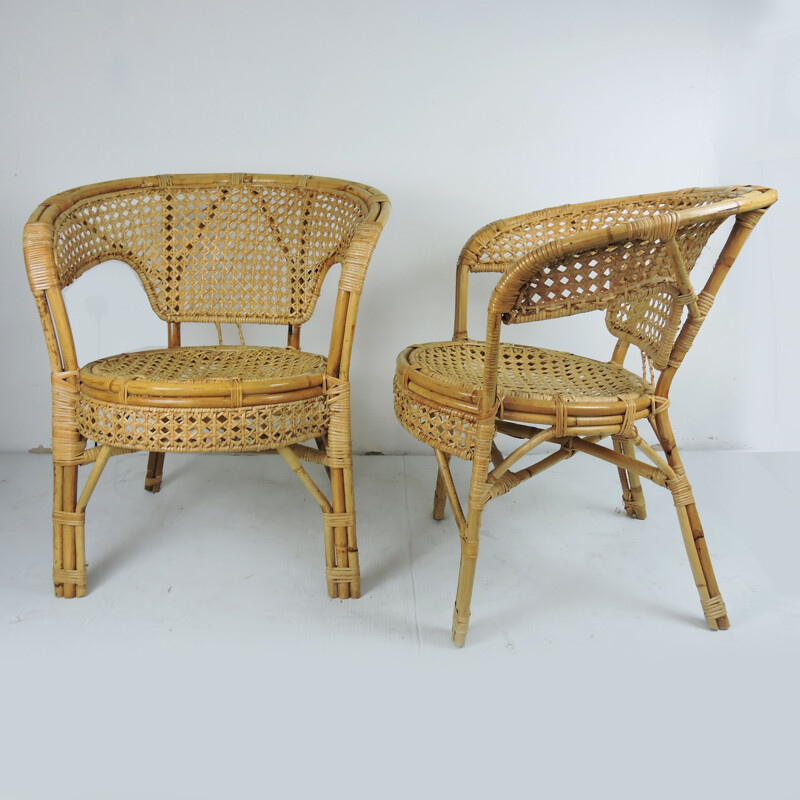 Set of 2 vintage armchairs Cane and Rattan France 1960