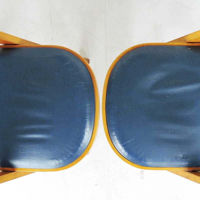 Pair of vintage Wooden Folding Chairs With Blue Vinyl Seats Made In Yugoslavia by Stoe Benchairs
