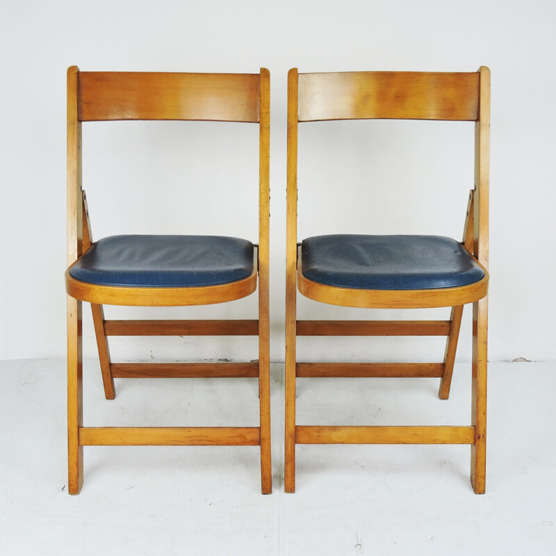 Pair of vintage Wooden Folding Chairs With Blue Vinyl Seats Made In Yugoslavia by Stoe Benchairs