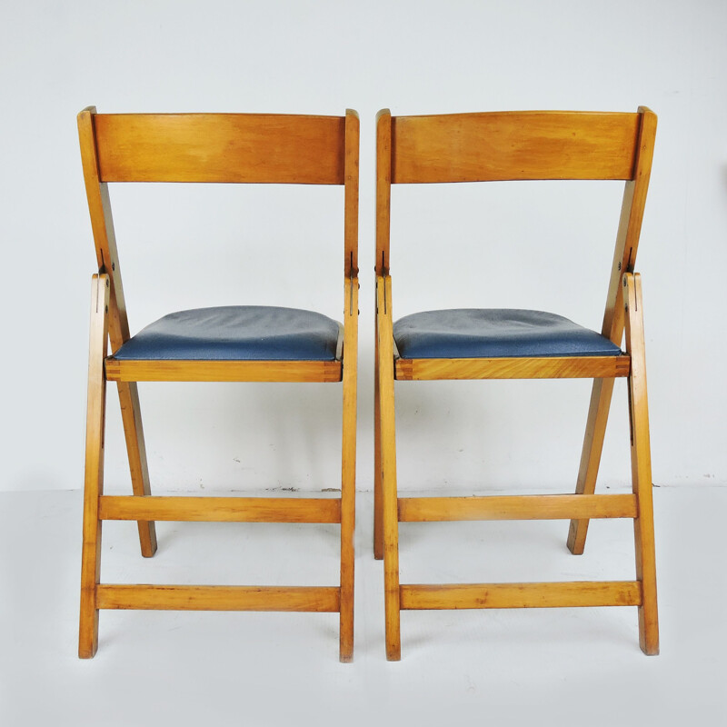 Pair of vintage Wooden Folding Chairs With Blue Vinyl Seats Made In Yugoslavia by Stoe Benchairs